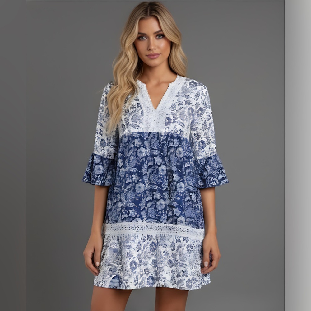 LAST ONE 🔥 Blue Boho Floral Print Lace Dress - Picture 3 of 6
